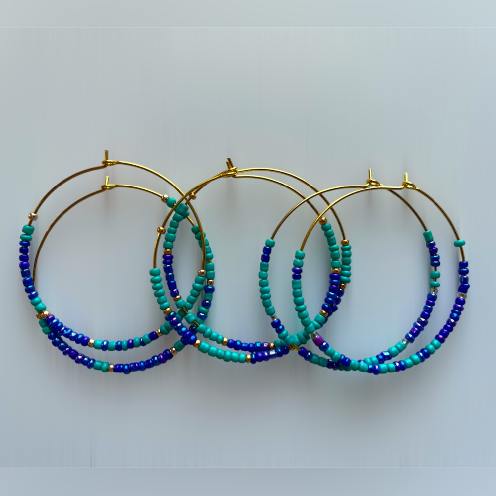 Seed Bead Hoop Earrings - Turquoise/Deep Blue/Silver Metallic